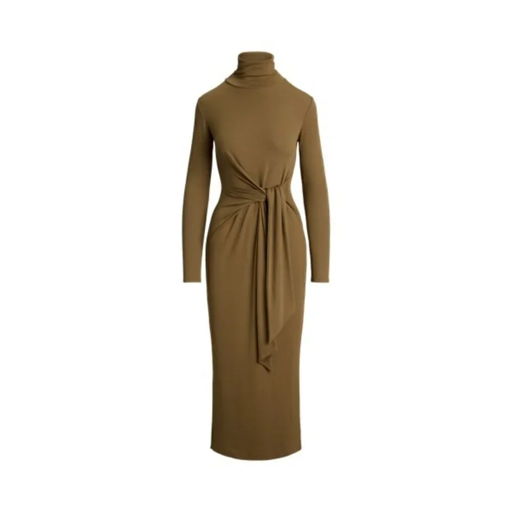Ralph Lauren Womens Size M Camel Tie Front Turtleneck Sweater Bodycon Midi Dress